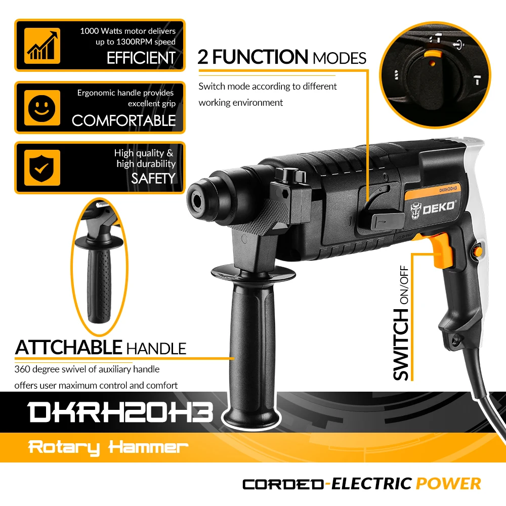 DEKO مطرقة دوارة الحفر الكهربائية مطرقة تأثير الحفر ، 9 قطعة الملحقات مع صندوق BMC ، 4 ajustment اليد واحدة ، وأدوات كهربائية لديي