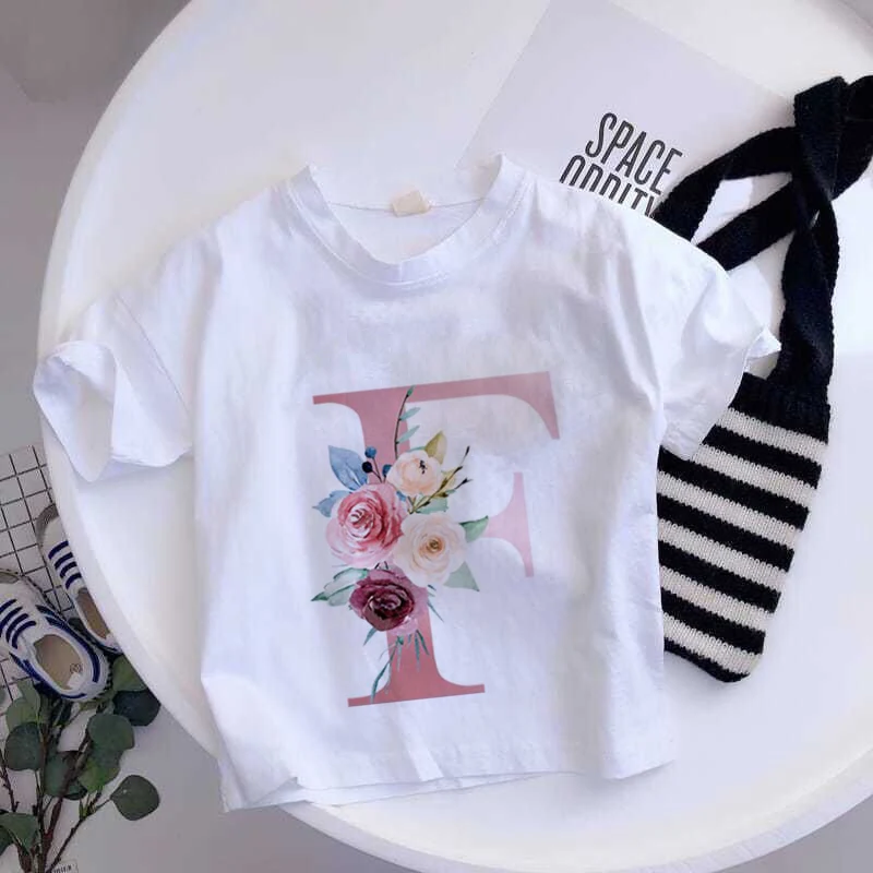 Summer26 English Letter A B C D Children T-shirt  Fashion Flower T Shirt  Cartoons Casual Clothes Kid Girl Boy Short Sleeve Tops