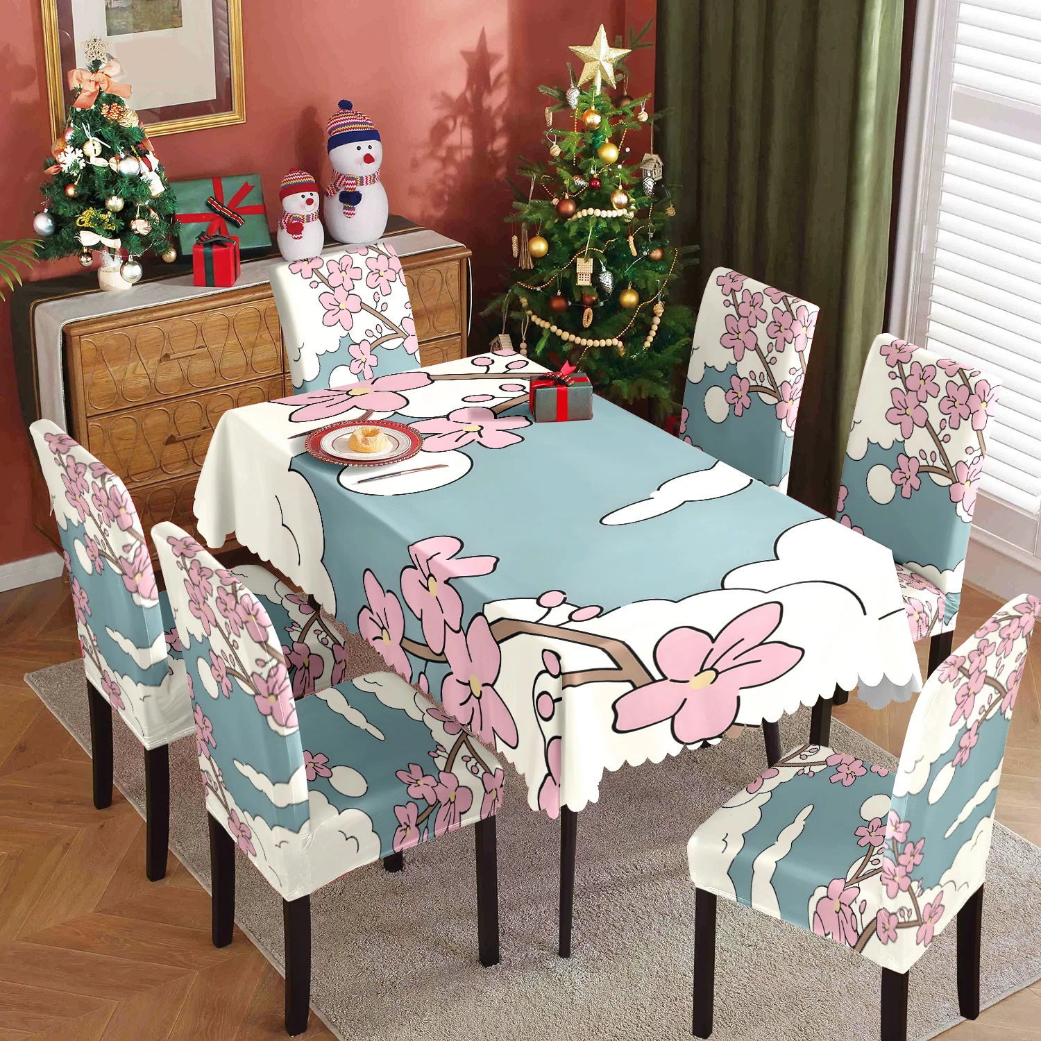 

5/7pcs Home table and chair covers, cartoon-style floral prints, elastic chair covers, lace design tablecloths washable