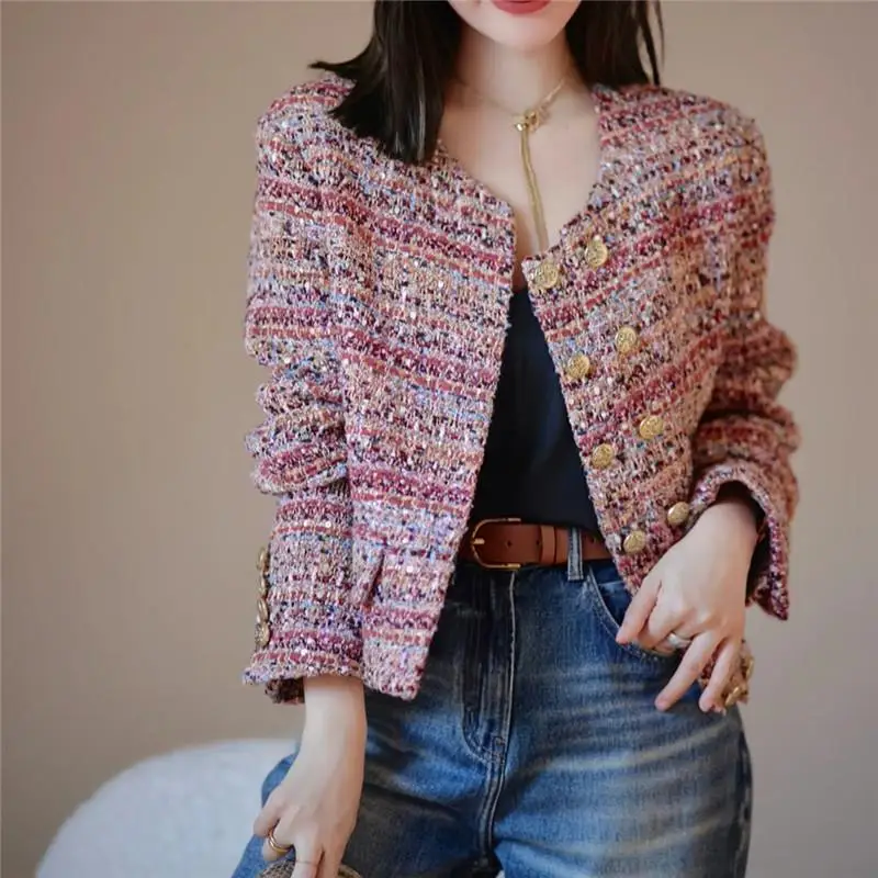 

Fashion Women's Tweed Jacket Loose Casual Long Sleeve Versatile Ladies Outerwear 2022 New Coat