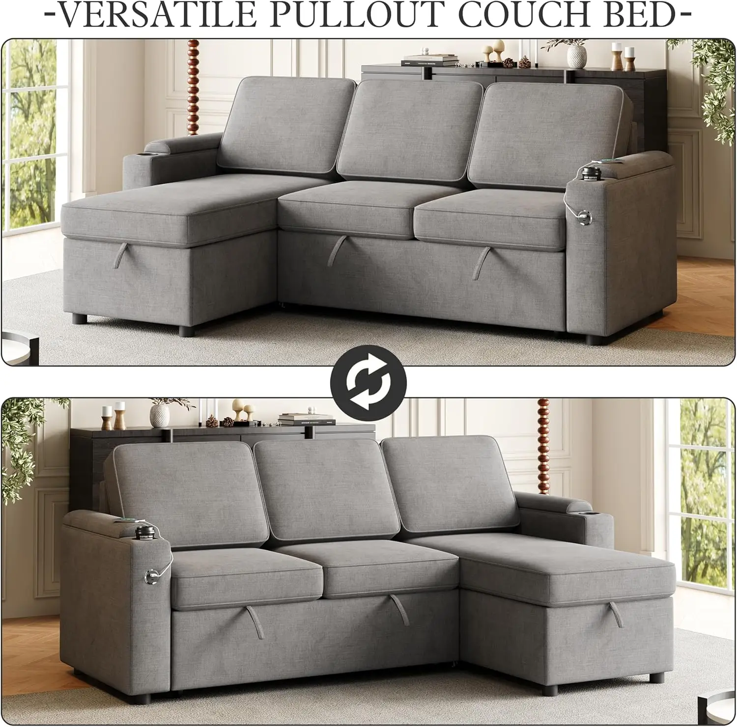 86"" Sleeper Sofa, L-Shaped Sectional Sofa Bed With Storage Chaise, Usb Charging Ports And Cup Holders, Reversible 2 In 1 Pull