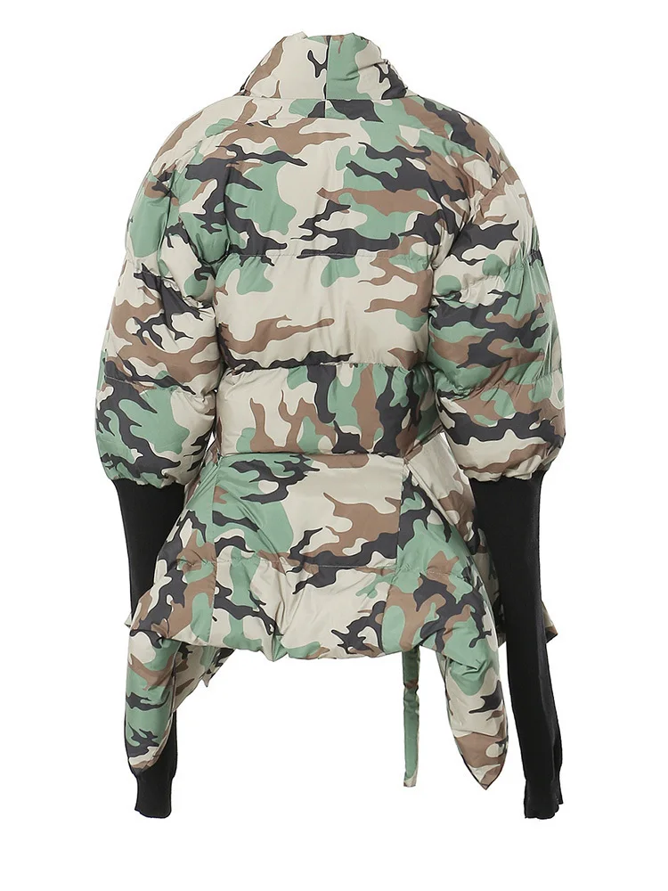 Camouflage Knitting Irregular Cotton-padded Coat Long Sleeve Loose Fit Women Parkas Fashion New Autumn Winter