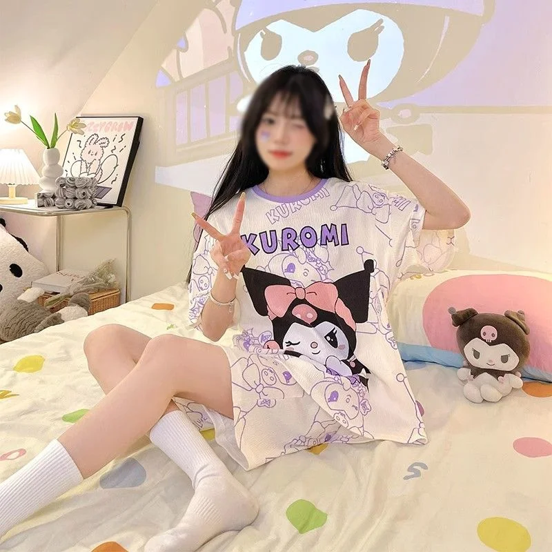 Sanrio Student Pajamas Kuromi Pyjama Shorts Short Sleeve Sleepwear Summer Pijama Kawaii Cartoon Nightwear Home Clothes 2 Piece