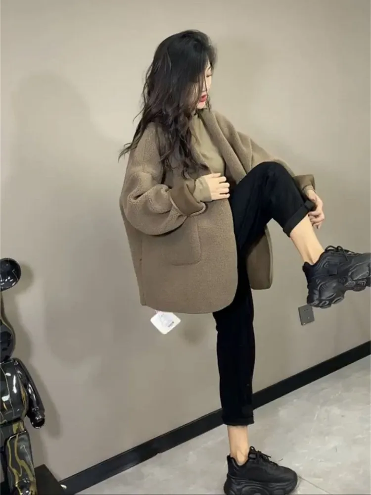 

Korean Sle Women's Lamb Fur Jaet Loose Fit Winter New plus Size Conceal Meat ular Open Cardigan Trendy ort Coat