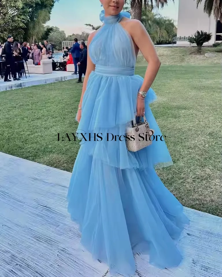 LAYXHS Modische blaue Neckholder-Abendkleider für Damen, A-Linie, Tüll, abgestufte Rüschen, Party-Abschlussballkleider, individuell