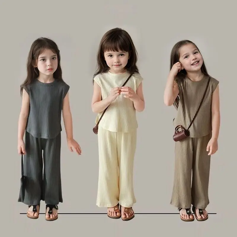 Casual Children's Set Two-piece Outfits New Breathable Summer Thin Fashion Vest+Pants Two-piece Set Solid Kids Pajamas Set