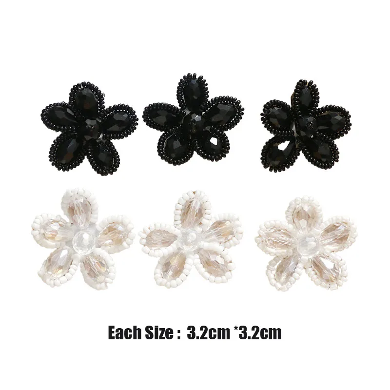 2Pcs/Lot White Black Small Beads Flower Patches Applique Sew on Beaded Earring DIY Accessories Clothes Shoes Bags Patches