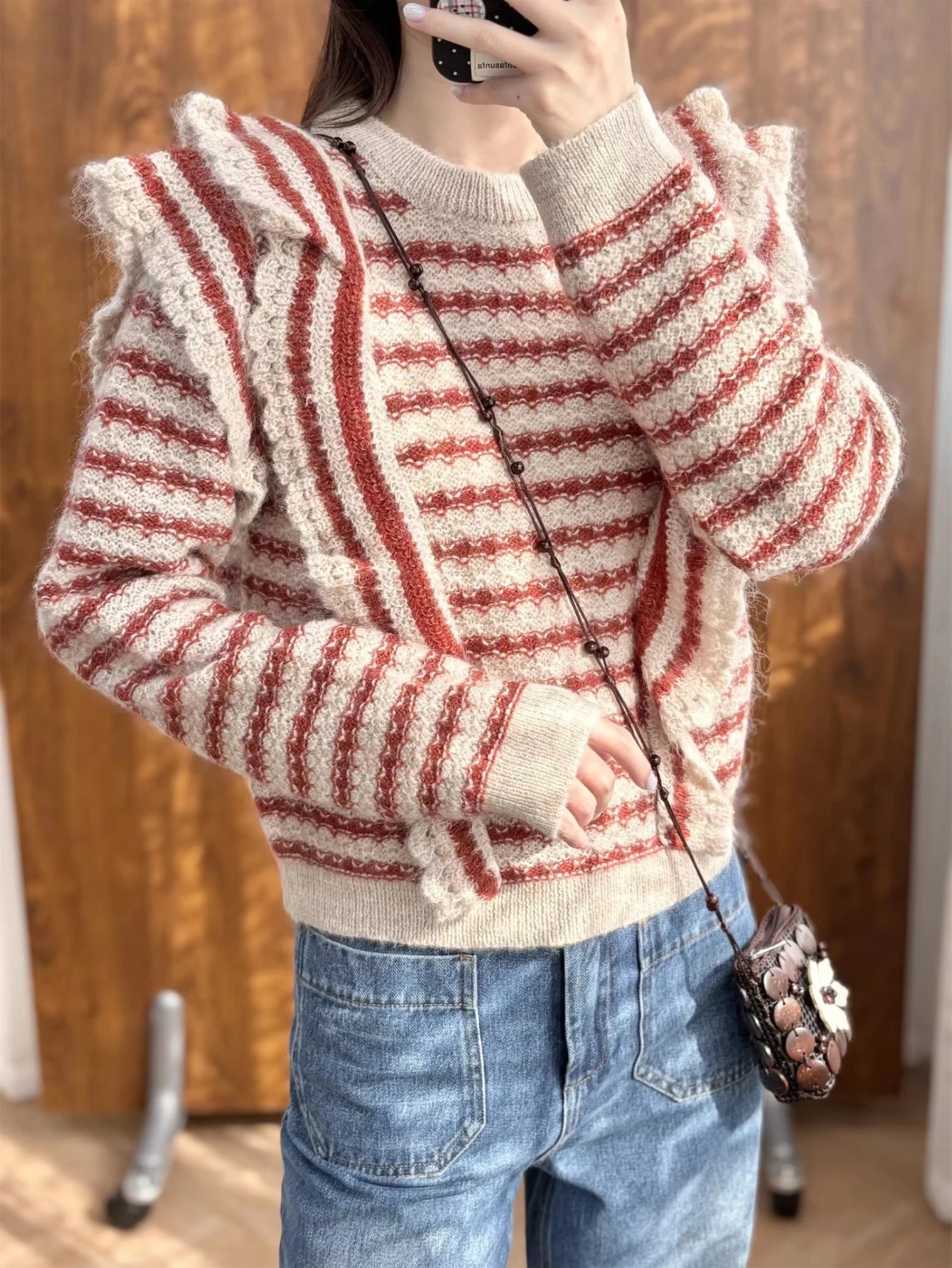 

Mohair Wool Striped Sweater Women Winter Spring Ruffles Designer Long Sleeve Elegant Pullovers Pull Fashion Jumper Sweaters 2026