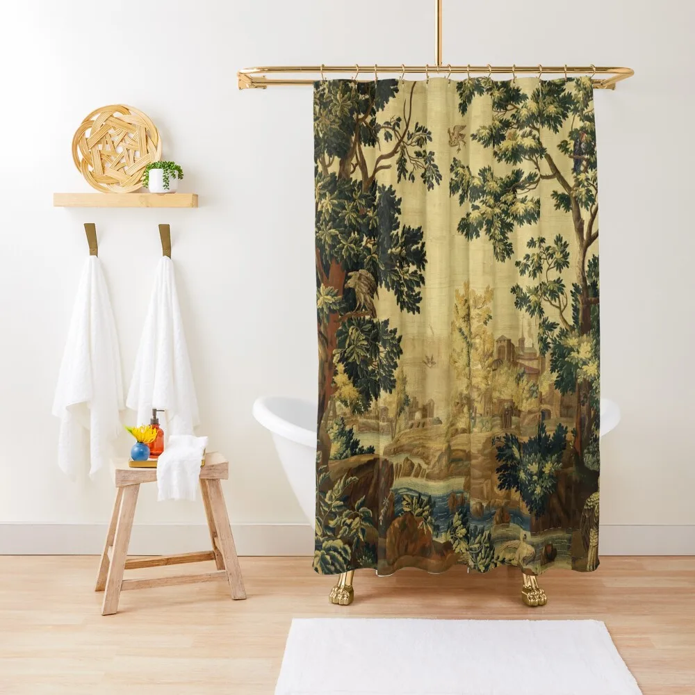 

Wood Landscape with Birds,Trees and River, Antique Flemish Tapestry in Brown Ivory Blue Shower Curtain