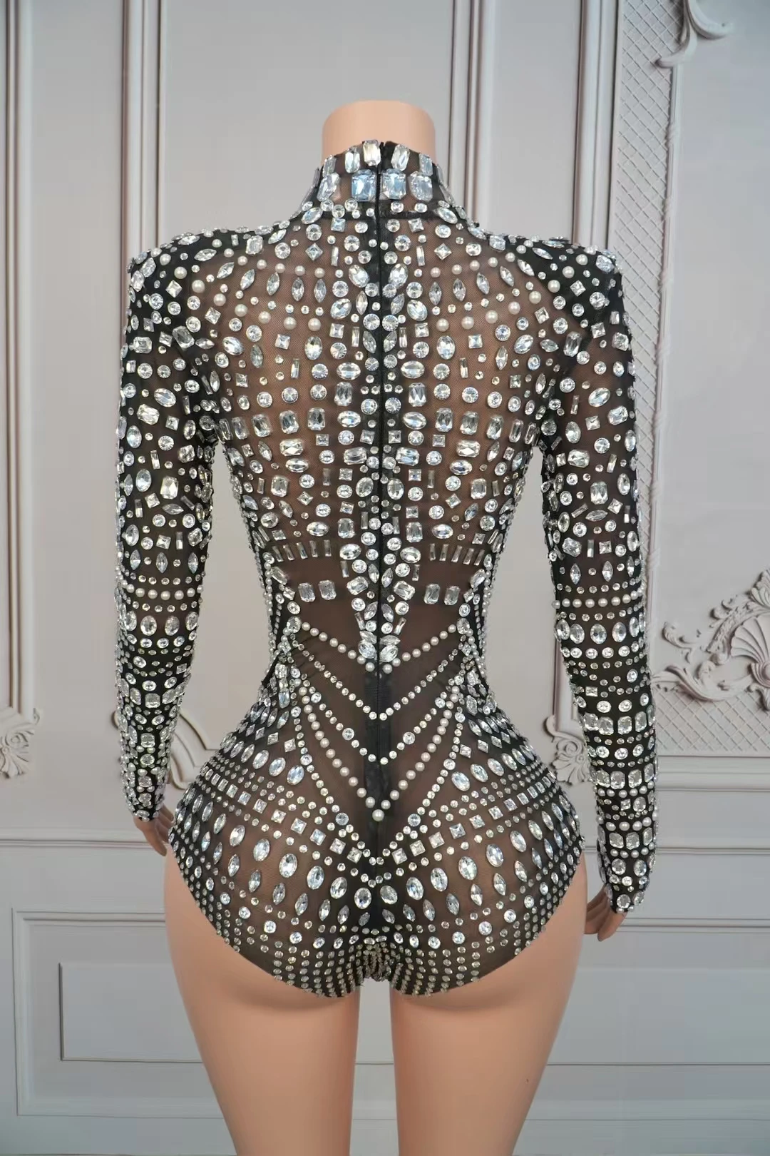 Sparkly Rhinestone Black See Through Mesh Bodysuit Women Sexy Dance Performance Wear Night Party Stage High-end Outfit Heimanba