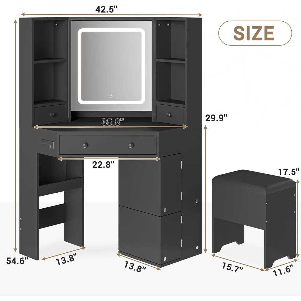 مكتب زينة زاوية BTHFST مع مرآة مضاءة، زينة مكياج مع أضواء ومحطة شحن، مجموعة زينة مع مرآة وتخزين #5