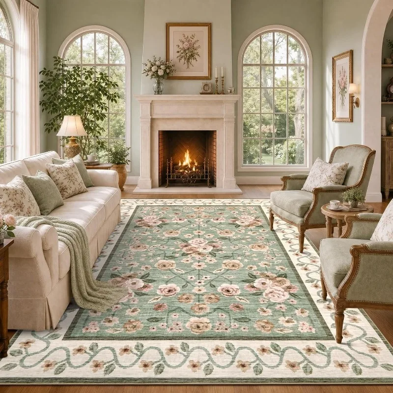 European Pastoral Floral Pattern Living Room Rug Art Curved Stripe Sofa Coffee Table Floor Mat Non‑Slip Carpet for Bedroom Ковер