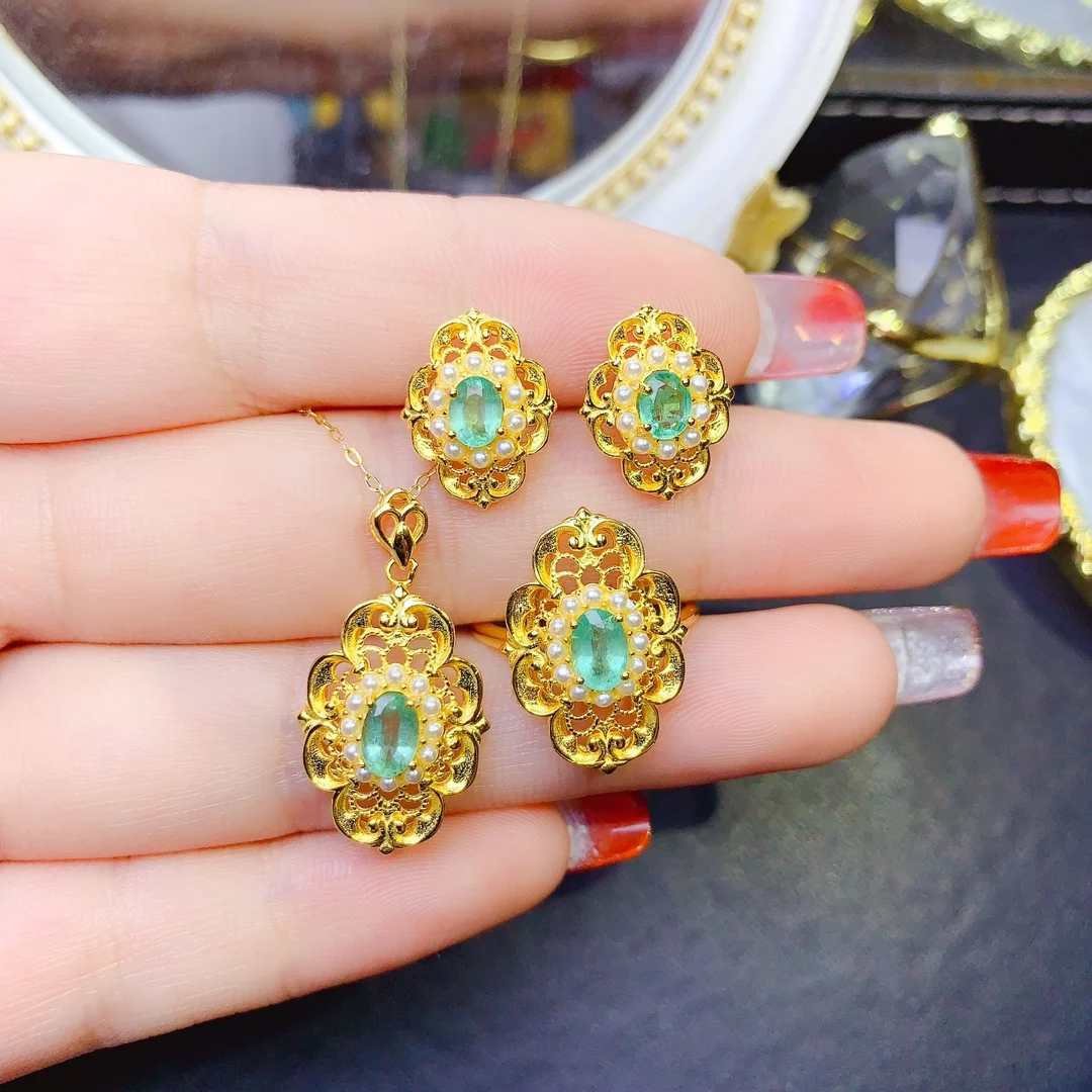 

Natural Emerald Jewelry Set Necklace Free Shipping Women's Sterling Silver 925 Jewelry Wholesale Elegant Women's Sets Christmas