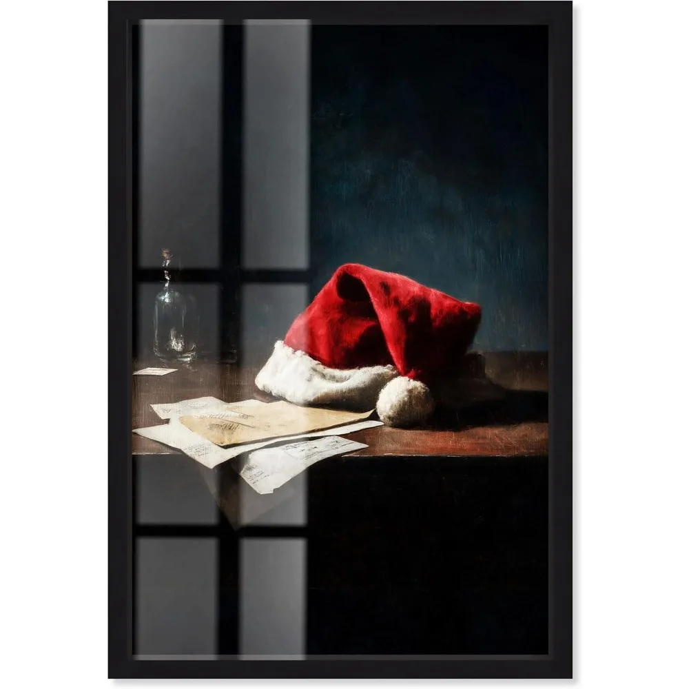 

Шляпа Санты и буквы Shadowbox с принтом Рождественский настенный художественный декор Черная рамка 11x16