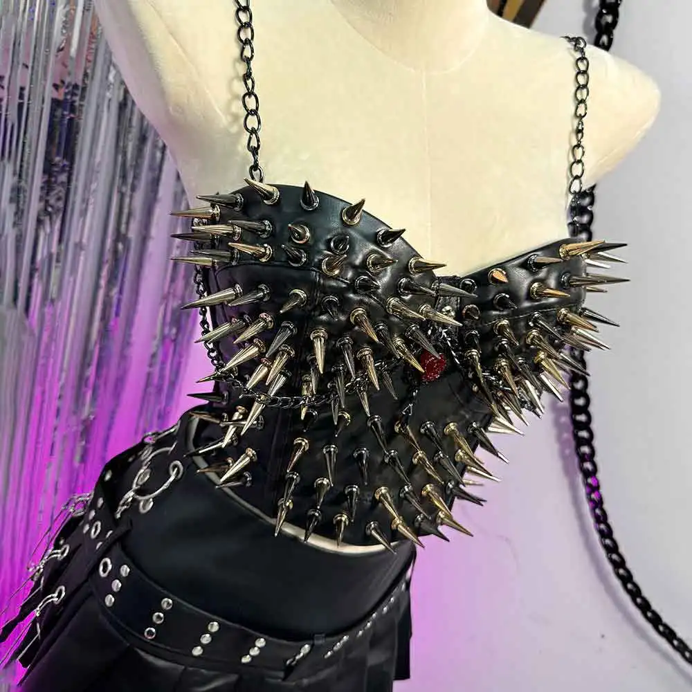 Hand Made PU Leather E-Girls Y2K Halter Camisole TOPS Goth Grunge Emo Chian Harajuku Gothic Punk Rock Spike Studded Rivet