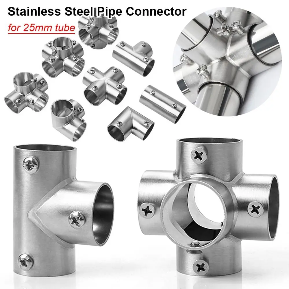 1Pcs Tee Straight Elbow Pipe Connector Stainless Steel 25mm Tube Joint 2/3/4/5/6 Way Clothesline Shelf Joints Furniture Hardware