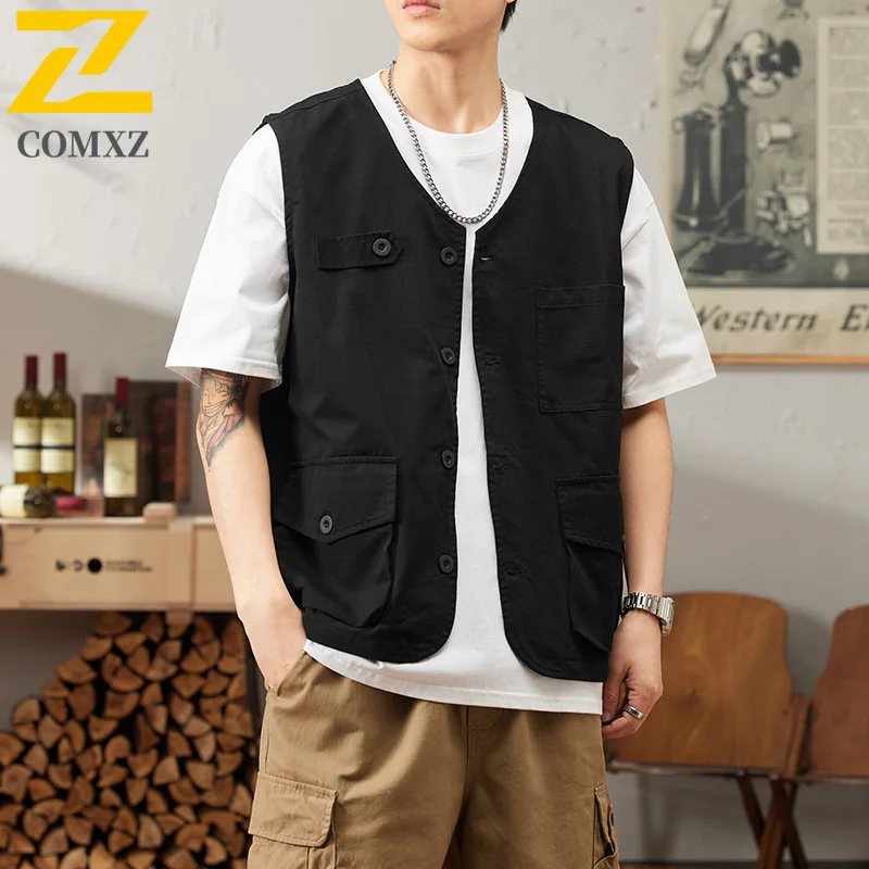 Outdoor Men's Fishing Vest Retro Tooling Style Sleeveless Vests Thin Adventure Reporter Multi-Pocket Work Loose Waistcoat 2025