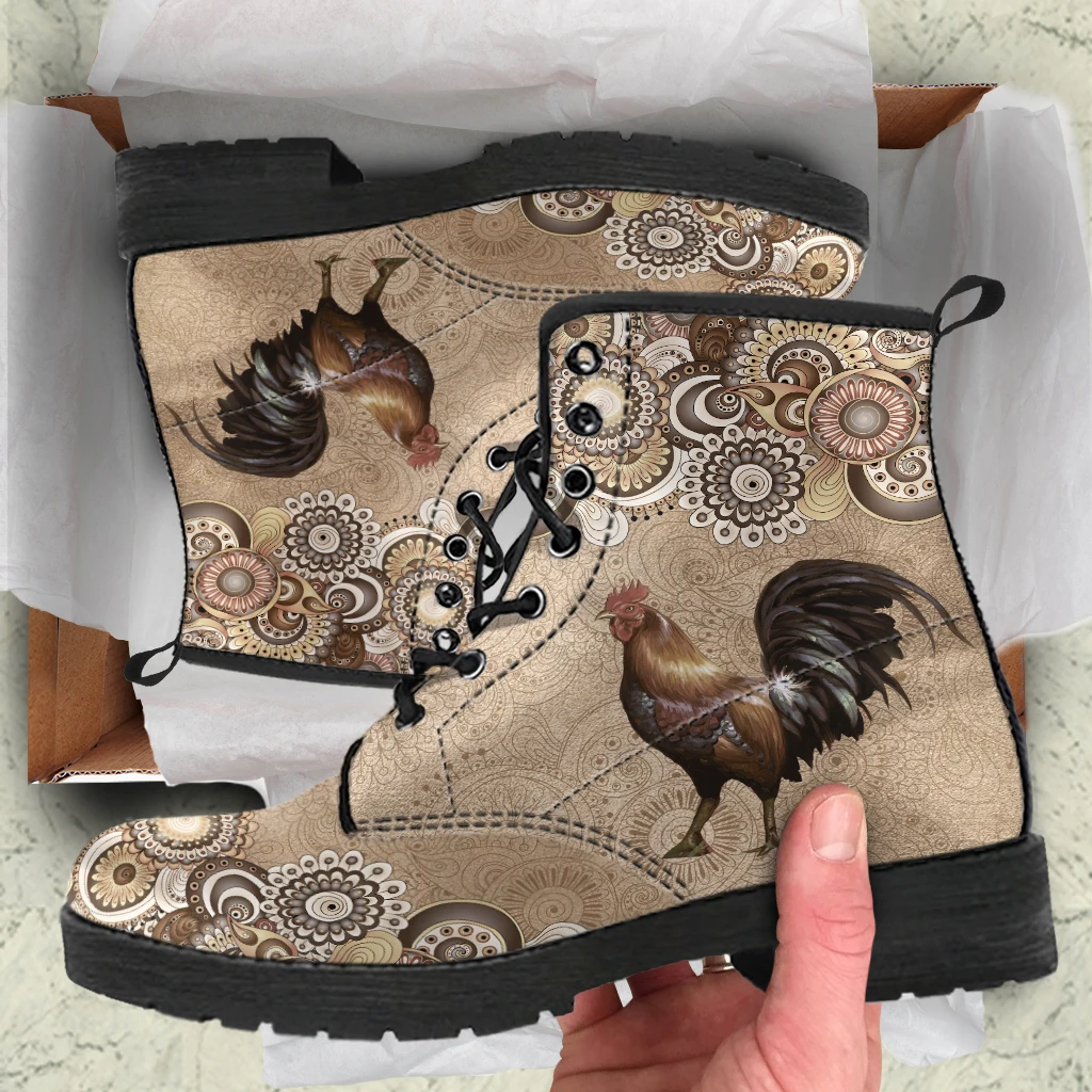 Fashion Rooster Print Women Ankle Boots Vulcanized Rubber Sole Durable Booties Female Autumn Winter Lace Up Plat Round Toe Shoes