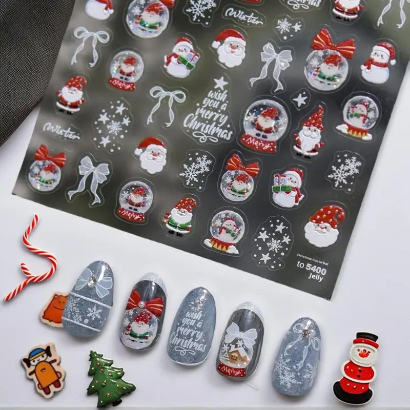 Festive Snowman and White Snow Crystal Ball Nail Art Stickers