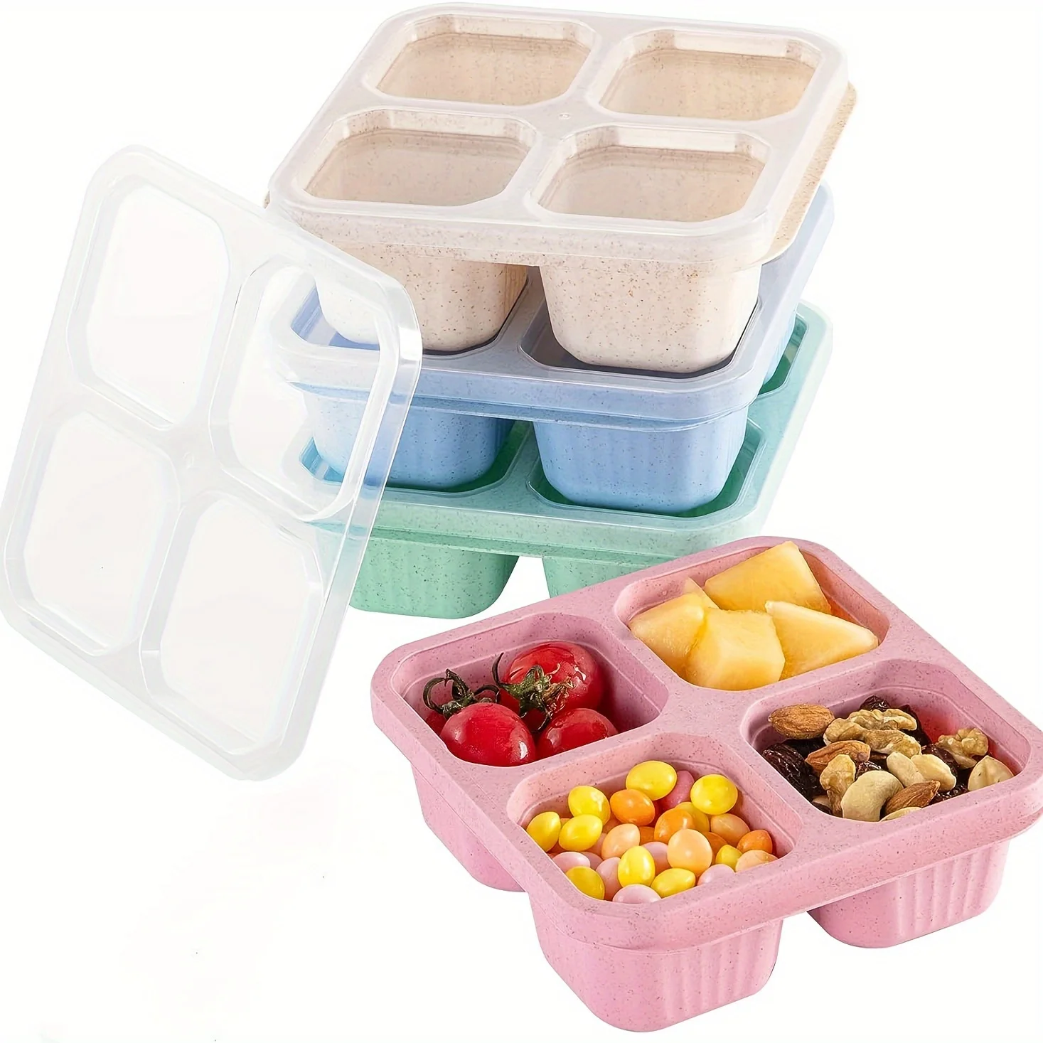 4pcs Wheat Straw Divided Snack Containers, Japanese Style Lunch Box, Portable Microwave Oven Square Divided Fast Food Box, Picni