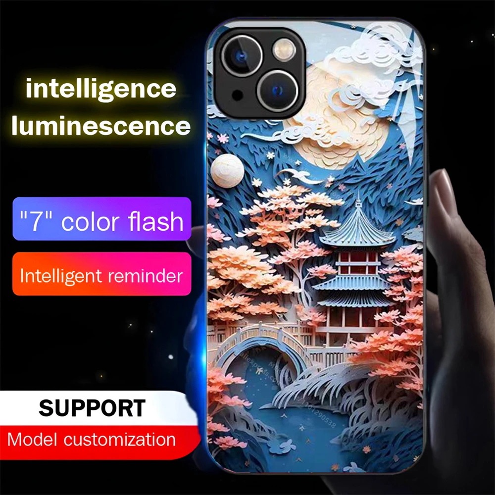 Japanese Countryside Luminous Glass LED Call Light Up Flash Phone Case Cover For iPhone 16 15 14 13 12 11 Pro Max X XS XR Plus