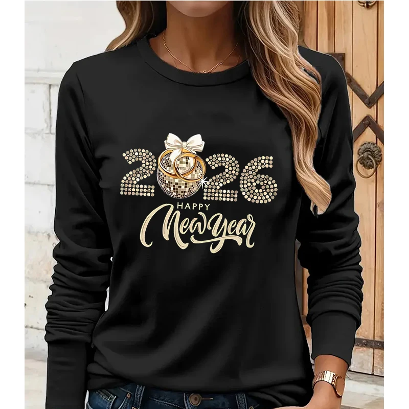 

Women's Casual Long Sleeve T Shirt with Golden 2026 Number and Happy New Year Lettering Print Graphic New Year T-Shirt Tees Tops