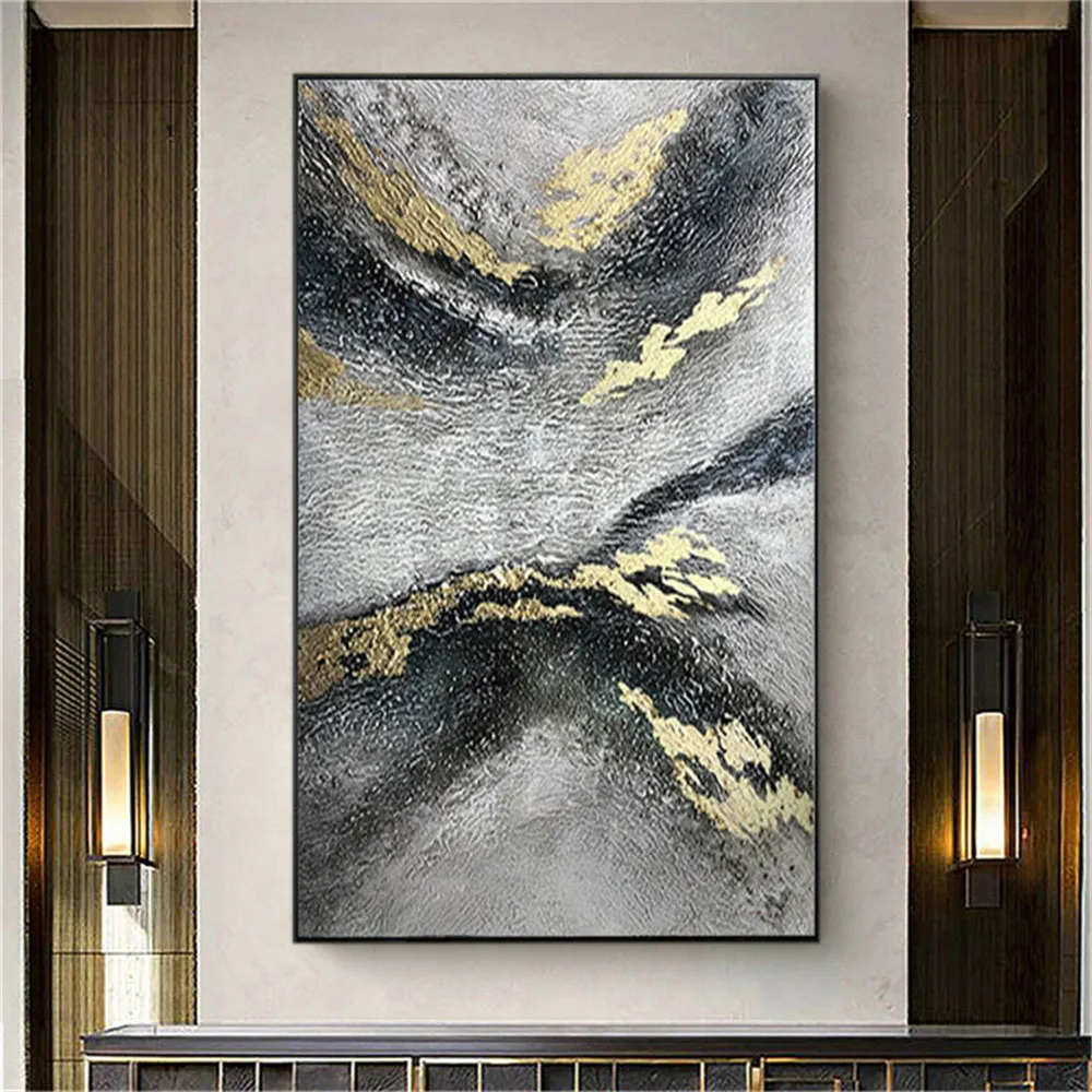 

100% Hand-Painted Modern Canvas Picture Abstract Curved Line Oil Painting Gold Black Texture Wall Art For Home Live Room Decor