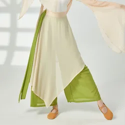 China Dance Chiffon Culottes Wide Leg Harem Skort Pant Flowy Classical Dance Folk Yangko Dancer Practice Wear 2 Layers Fairy