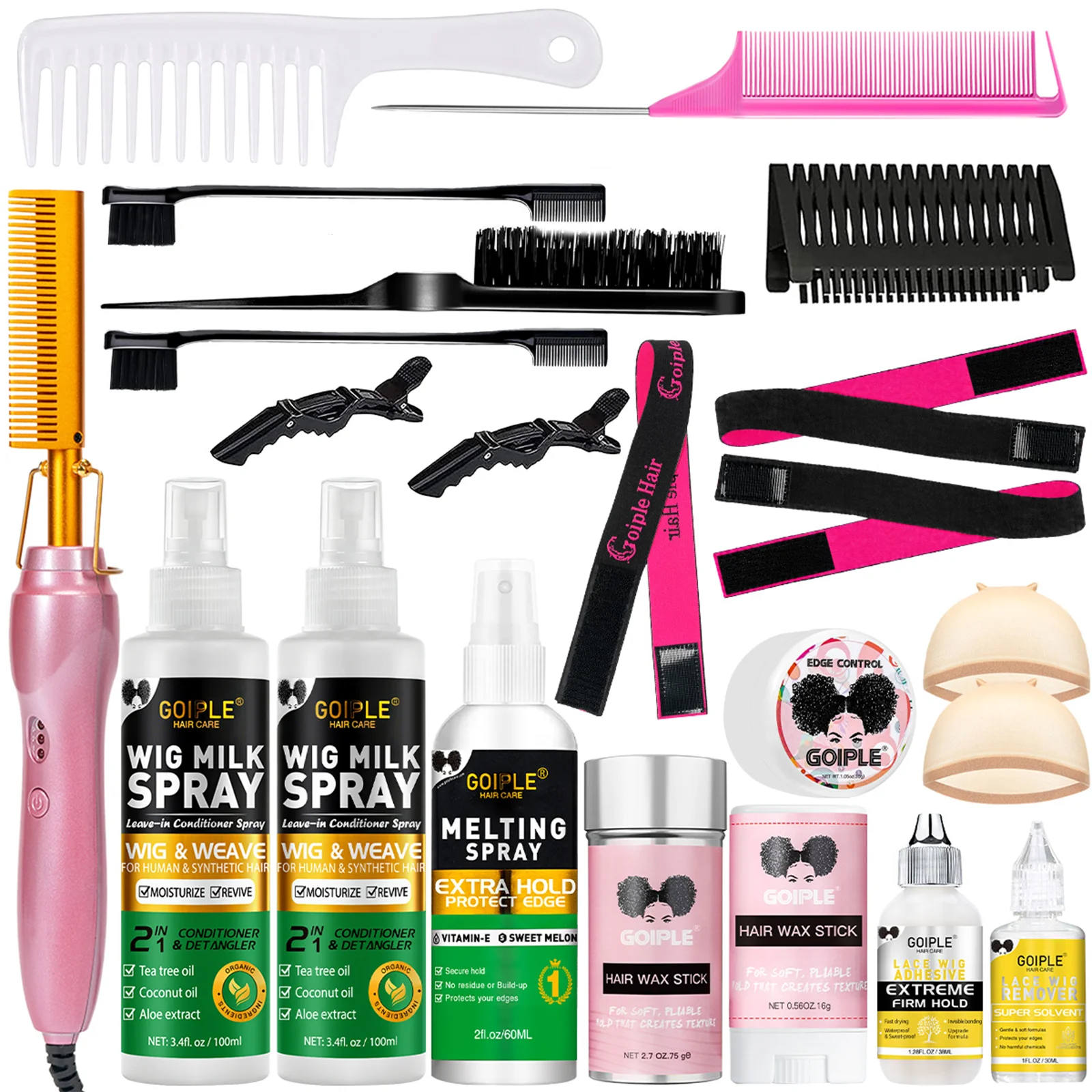 GOIPLE Electric Hot Comb Wig Install Kit with Lace Adhesive, Remover, Conditioning Spray, Melting Spray, Edge Control & Wax Stick