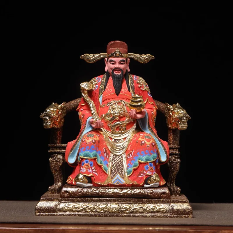 Hand Carved Wooden Painted Gilded Wealth God Statue w/ Ruyi Ingot - Cai Shen Prosperity Fortune Ornament Home Office Desk Decor