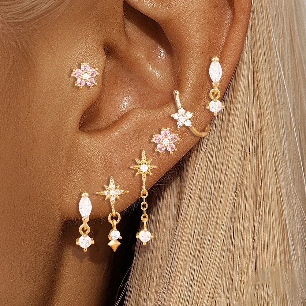 1 Stück/2 Stück Luxuriöse herzförmige Ohrhänger für Damen, 14 Karat vergoldeter Edelstahl, Zirkonia-Blumen-Ohrstecker, Schmuck für den täglichen Gebrauch