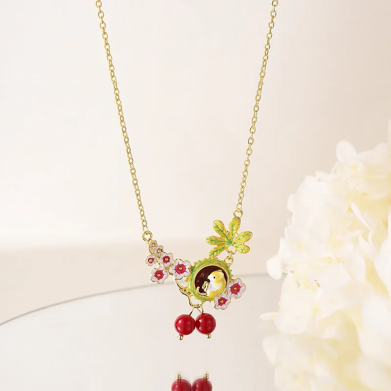 Enamel Flower Bird Pendant Necklace Red Bead Tassel Chain Colorful Floral Animal Charm Fashion Casual Neck Jewelry