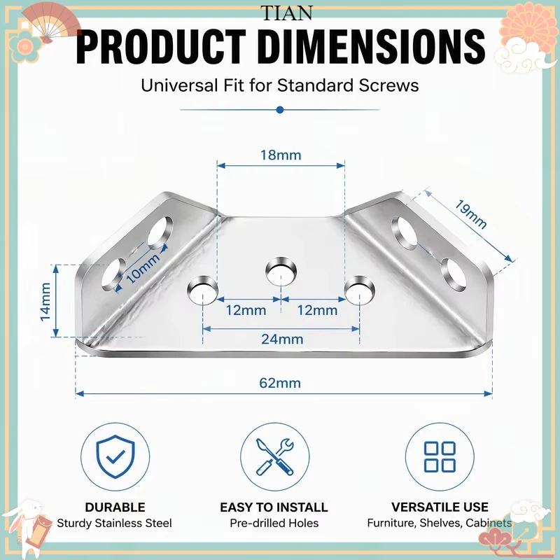 TIAN   Stainless Steel 3‑Sided Corner Bracket Set, Furniture Support W/ Screws for Bed Cabinet Table Chair Reinforcement
