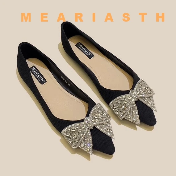 

Туфли на плоской подошве для женщин, новинка 2023 года, весна-осень, острый носок, бриллиантовый бант, женские лоферы с неглубоким носком, женские лоферы, большой размер 44