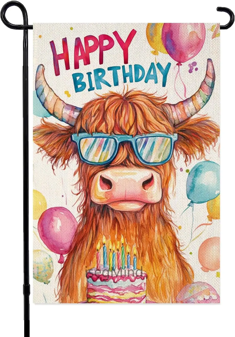 Happy Birthday Garden Flag Highland Cow Garden Flag 12x18 Double Sided Linen, Colorful Balloon Cake Toppers Banner Farmhouse yyi