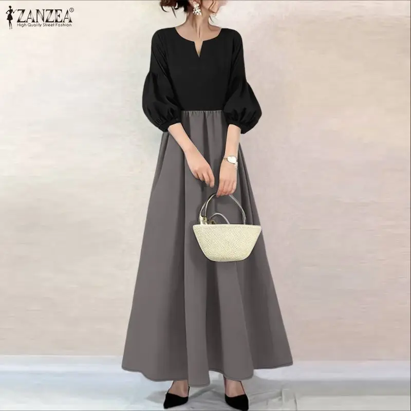 ZANZEA Koreanischer Stil, kontrastfarbenes langes Kleid für Damen, V-Ausschnitt, Laternenärmel, Maxikleid, elegantes A-Linien-Kleid mit hoher Taille, Robes Femme