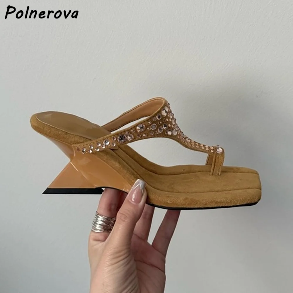 

Абрикосовые черные тапочки со стразами, странный стиль, шлепанцы на танкетке без шнуровки, женская уличная обувь для отдыха с квадратным носком