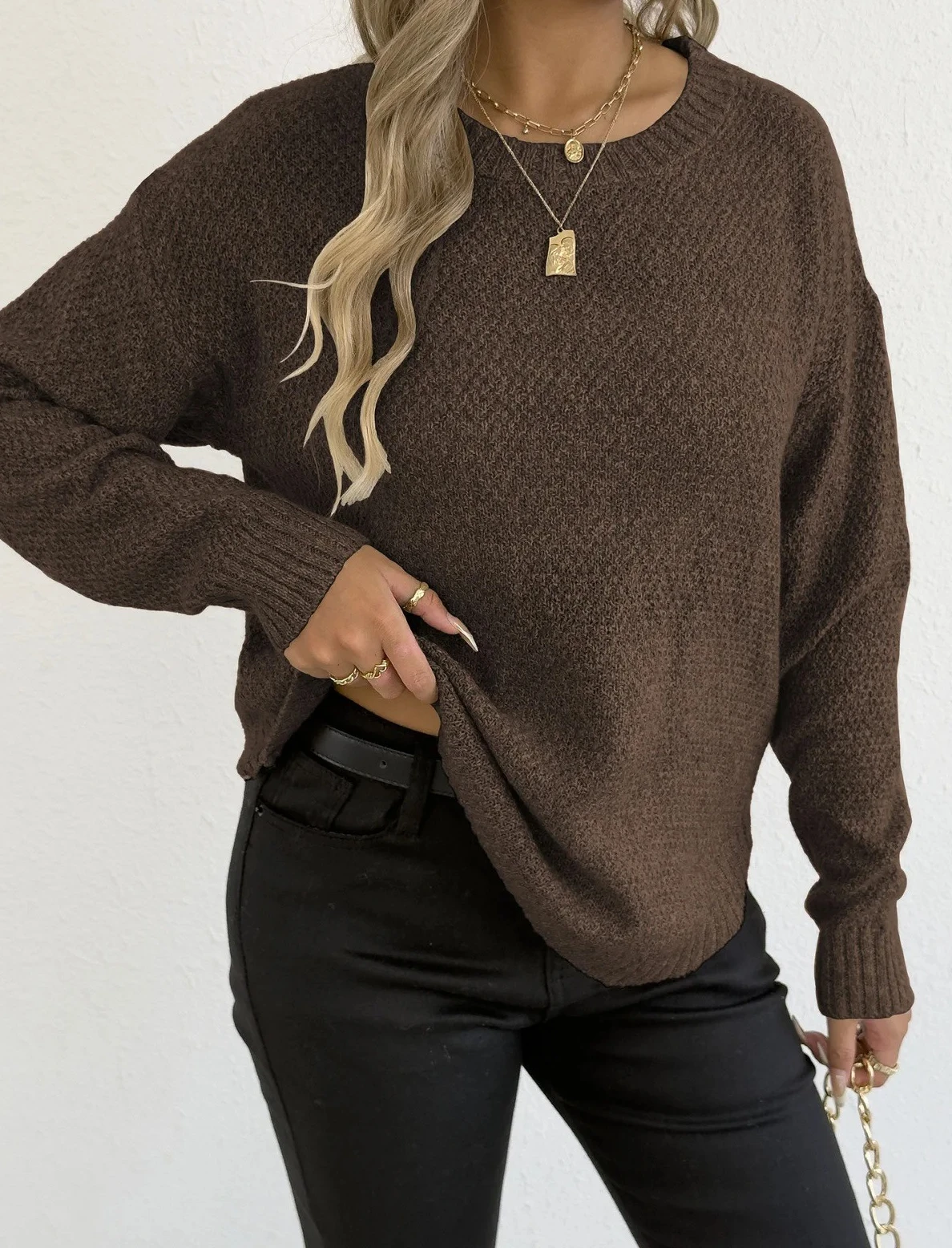 Women Casual Solid Color Round Neck Pullover Sweater Fashion Long Sleeved And Waist Cinched Short Sweaters  Lady Daily Top