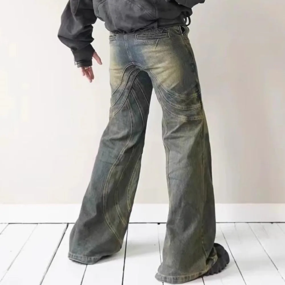 High Street Fashion Hip Hop Washed Distressed Straight Stitching Jeans Trousers