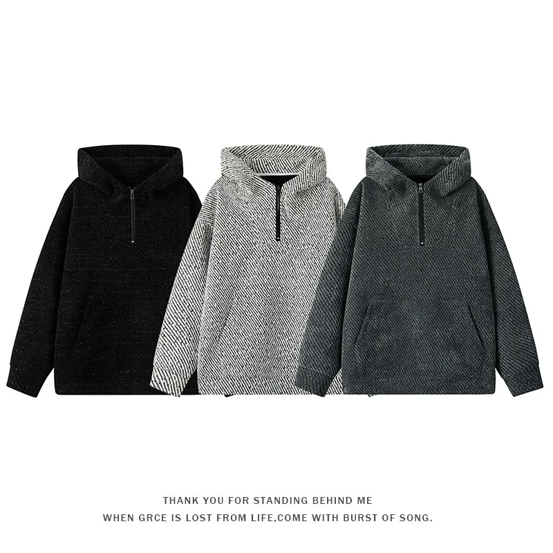 

Spring New Luxury Fabrics Tweed Hoodie Classic Solid Color Half Zipper Hooded Jacket for Men Oversize Loose-Fit Casual Jacket