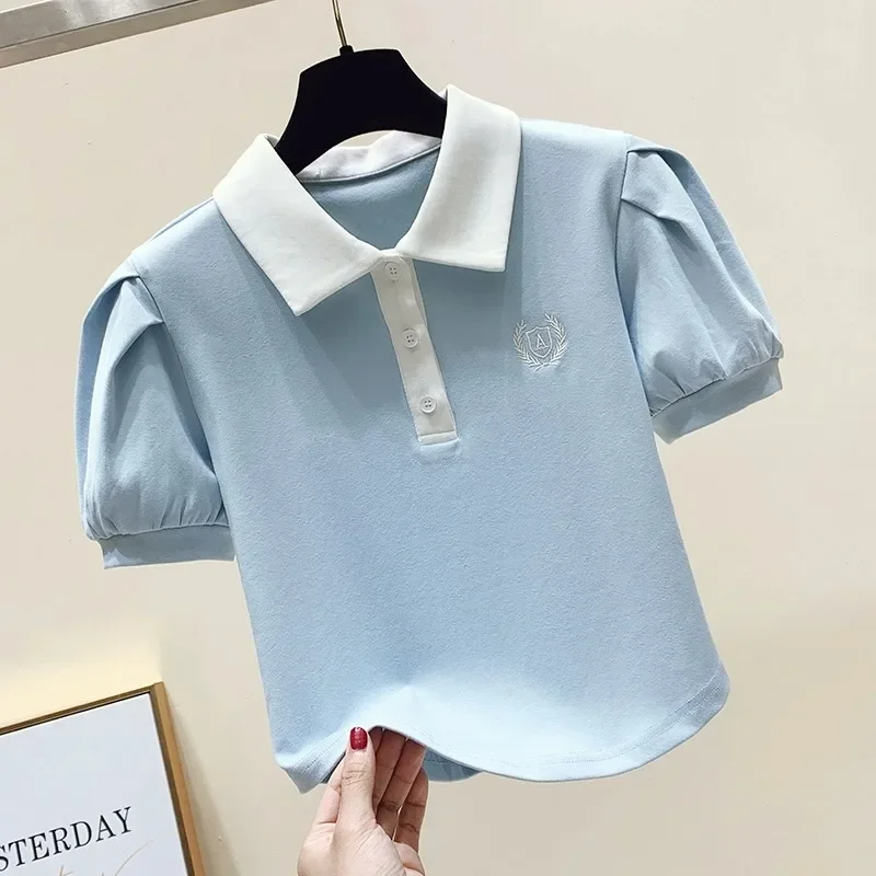 Light blue short-sleeved female Polo puff sleeve design slim high waist