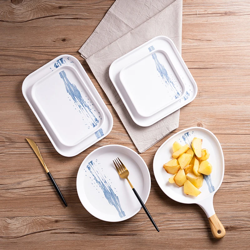 Melamine Plate Tableware Set, Hotel Self Service Dish, Splash-ink Pattern, Baking Tray with Handle, Salver Binaural Bowl