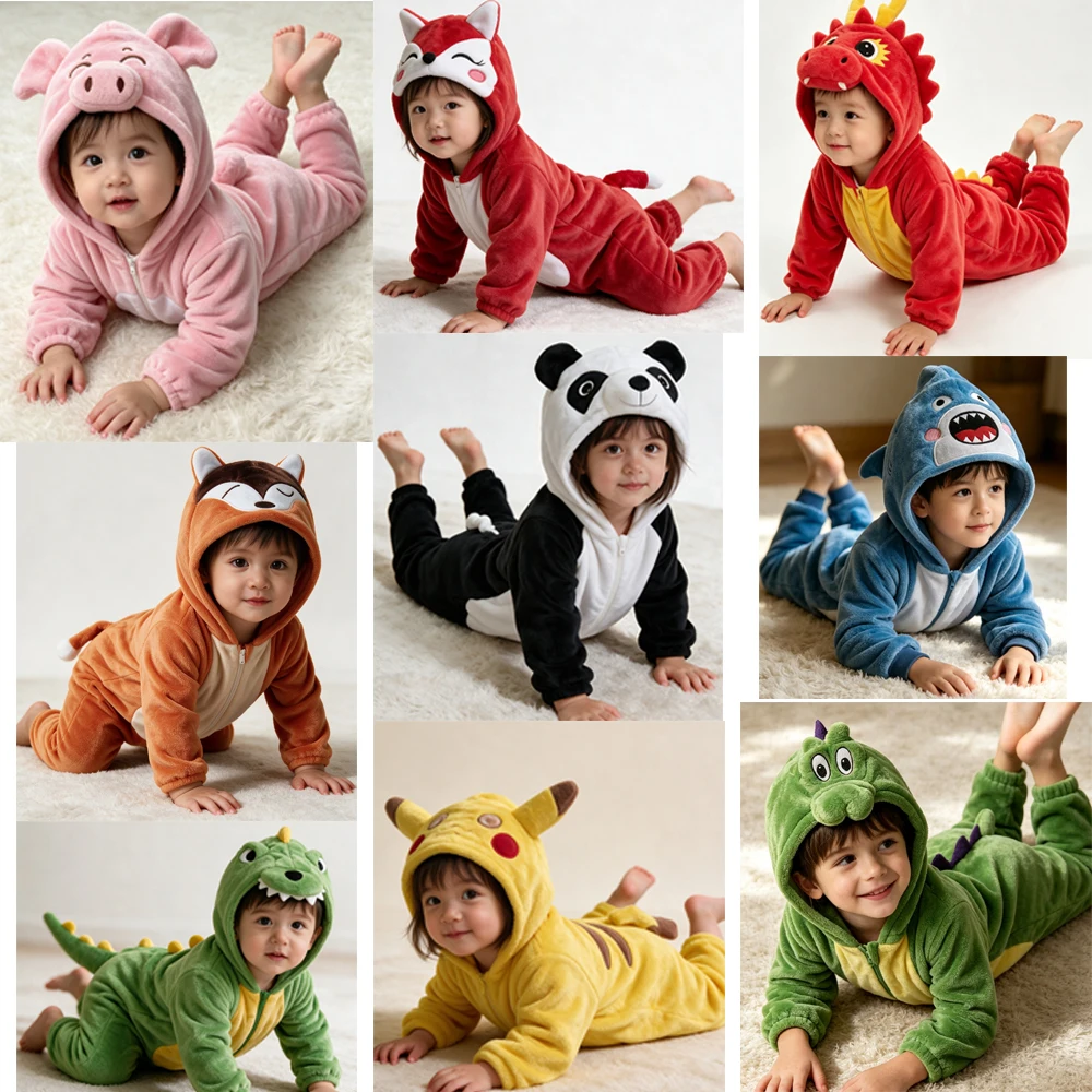 Baby jumpsuit plush crawling suit cute animal shaped panda crocodile dinosaur shark fox piglet Shiba Inu home clothes