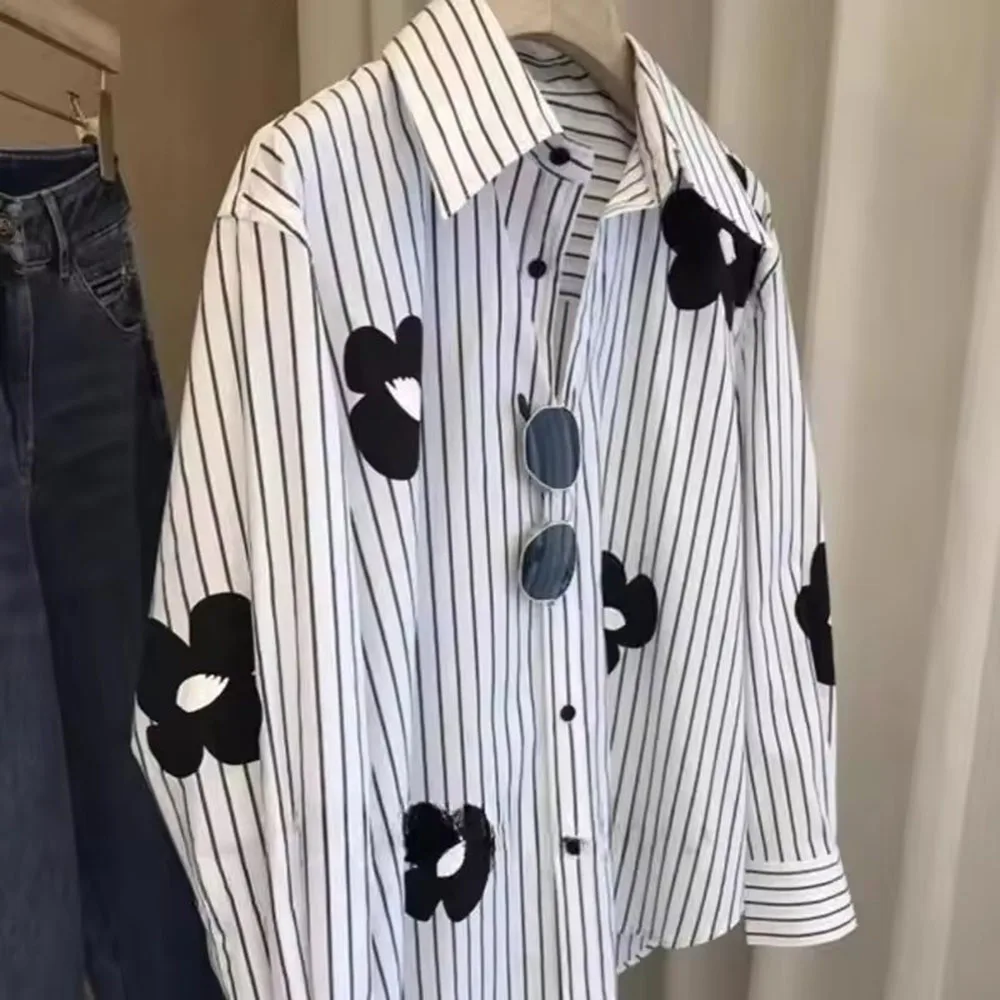

spring summer Fashion Long Sleeve Women's Clothing Patchwork Floral Ladies Tops Sweet Buttons Shirts Striped Printing Blouses