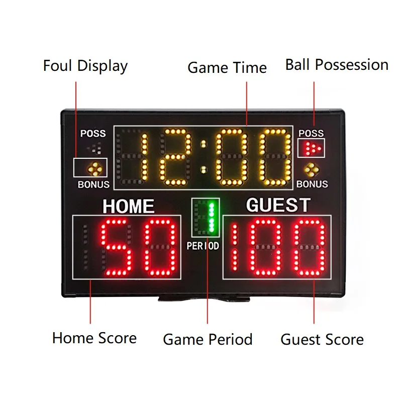 لوحة نتائج كرة السلة الرقمية الإلكترونية GANXIN Por LED مع جهاز تحكم عن بعد على مدار الساعة للتنس/كرة القدم/ألعاب الكرة الطائرة