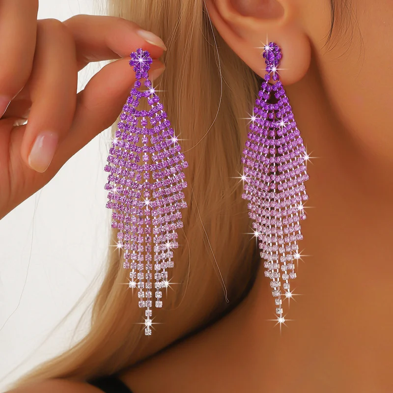 

European and American Cross-Border New Trend Full Diamond Tassel High-End Light Luxury Style Personality Design Earrings Elegant