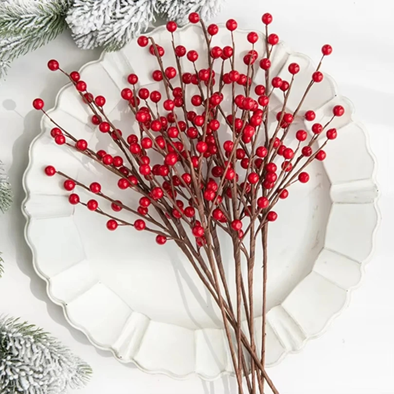 الفواكه الاصطناعية نبات مقلد هولي الفاكهة الحمراء الصغيرة عيد الميلاد غرفة المنزل الاحتفال ديكور الحفلات زهرة DIY بها بنفسك زخرفة الزفاف
