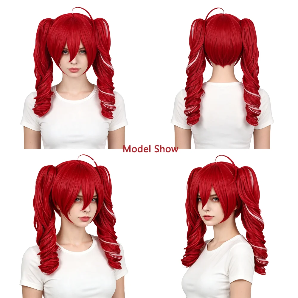 Detachable Clip-on Pigtails Wig Red with White Highlights Natural Looking Easy to Care Kasane Teto Cosplay Wig For Women Daily