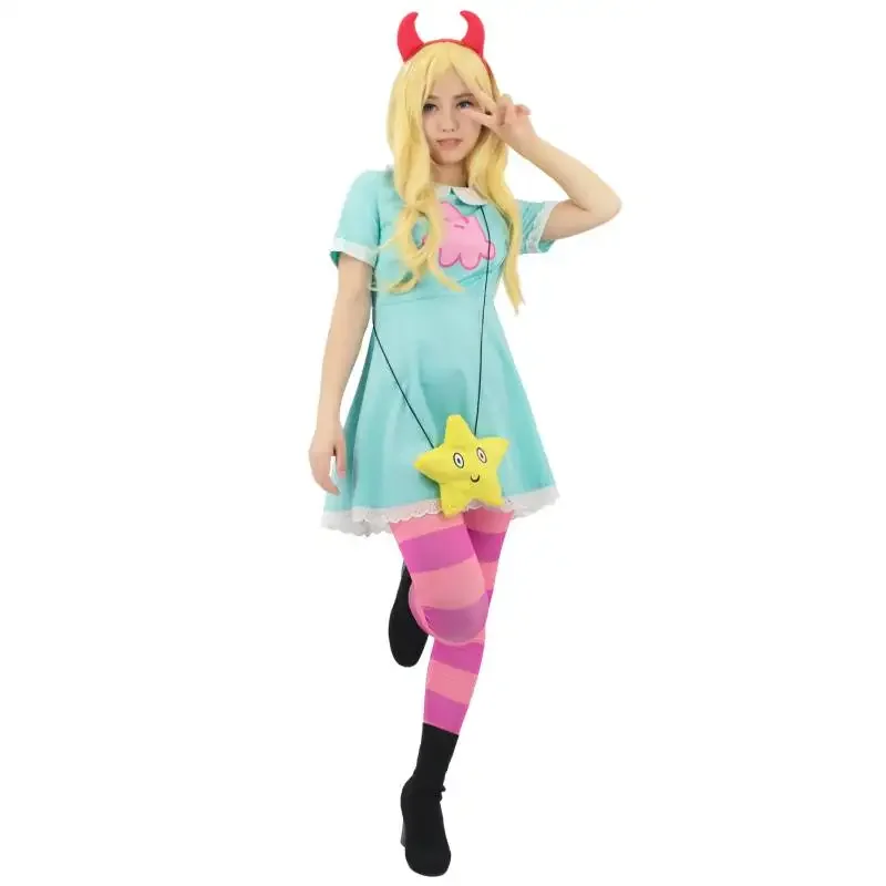 WENAM Girl's Princess Star Butterfly Cosplay Costume Green Dress Women's Halloween Anime Party Star Dress With Headwear and Bag