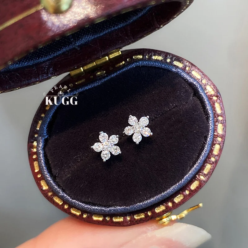 

KUGG 100% 18K White Gold Earrings Elegant Flower Shape Real Natural Diamond Stud Earrings for Women Birthday Gift Fine Jewelry